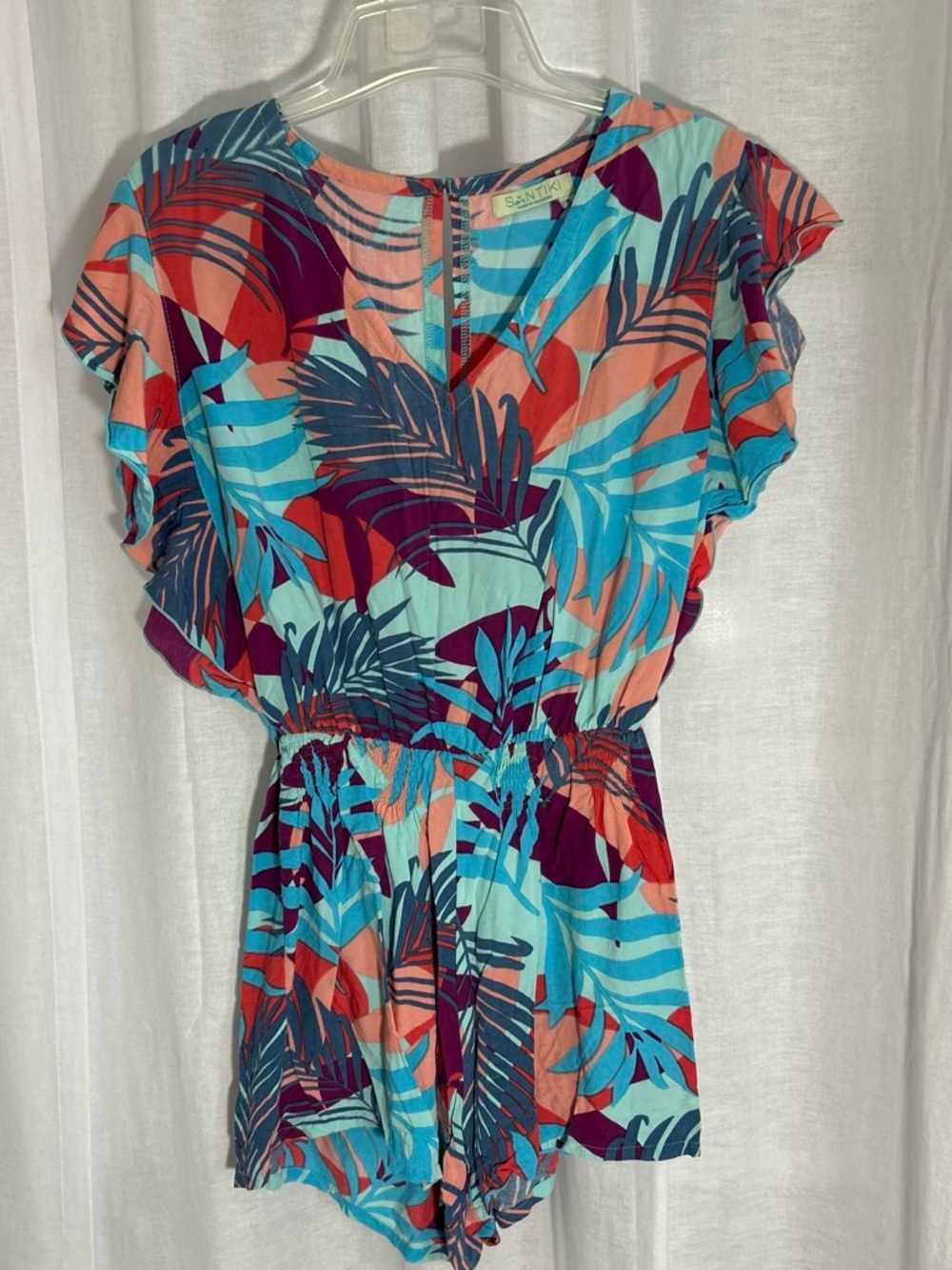 Santiki Multicolor Tropical Print Romper - Blue & Coral